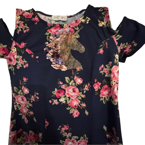 Beautees Unicorn Kids Dress-Navy and Pink Sequins Cold Shoulder Sz 10 Girls - Picture 3 of 5
